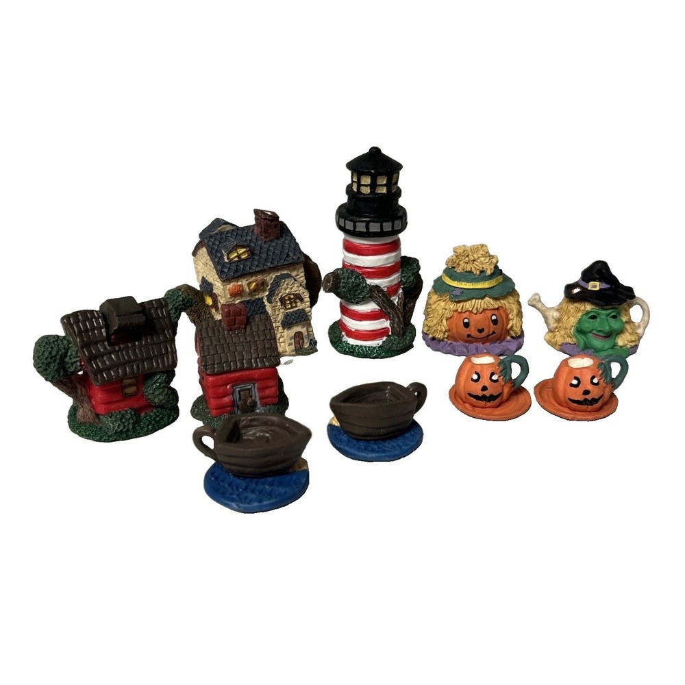 Lot Of Miniature Halloween Figures Pumpkin Witch Lighthouse Cottage Teacups